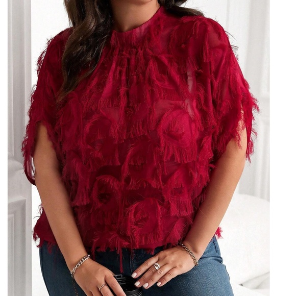 Plus Shaggy Mock Neck Batwing Sleeve Semi Sheer Blouse